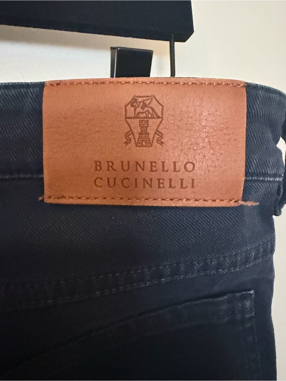 Brunello Cucinelli Men's Dark Black Slim Jeans with Leather Logo Patch